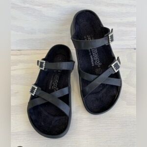 Birkenstock Black Strappy Sandals with Rhinestone Buckles
